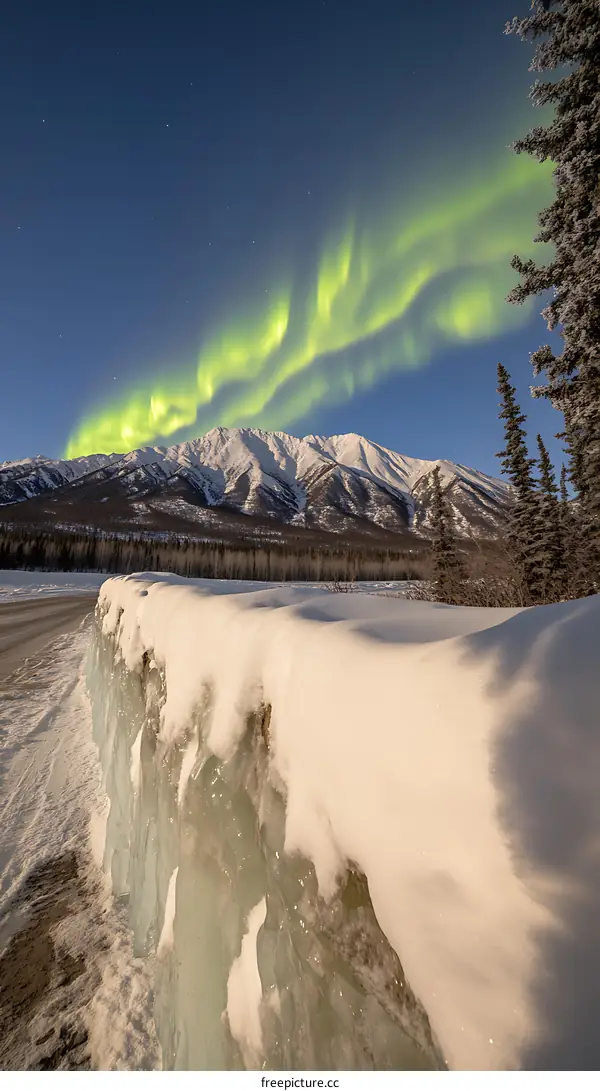 Aurora Borealis Over Snowy Mountains and Ice Formation