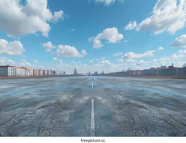 Empty Wet Runway with City Skyline in Distance