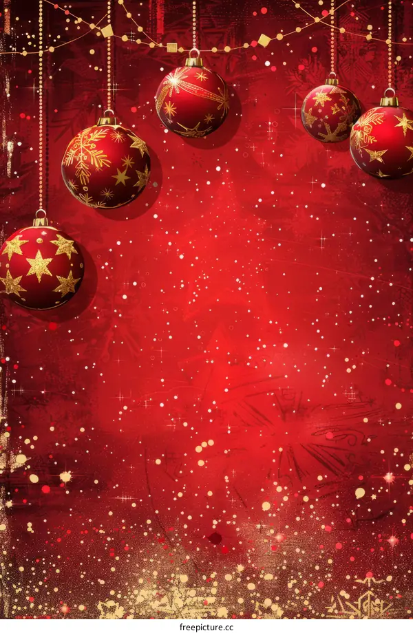 Red and gold Christmas ornaments hanging from a string of lights