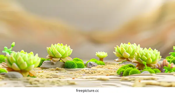 Green Succulents on Sand with Blurred Background