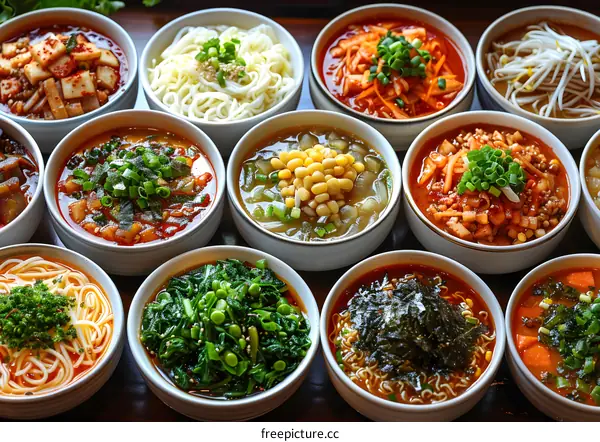 Various Asian Noodle Soup Dishes in White Bowls