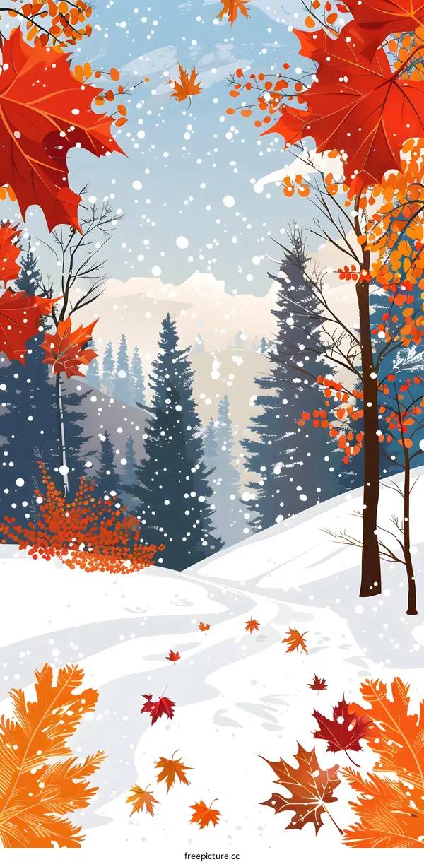 Winter Forest Landscape With Falling Leaves