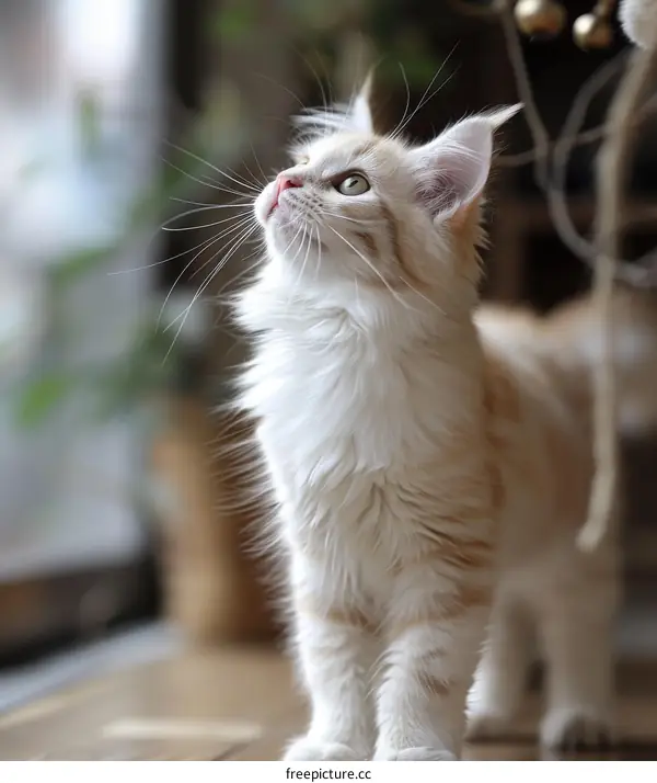 A ginger kitten looking up at something
