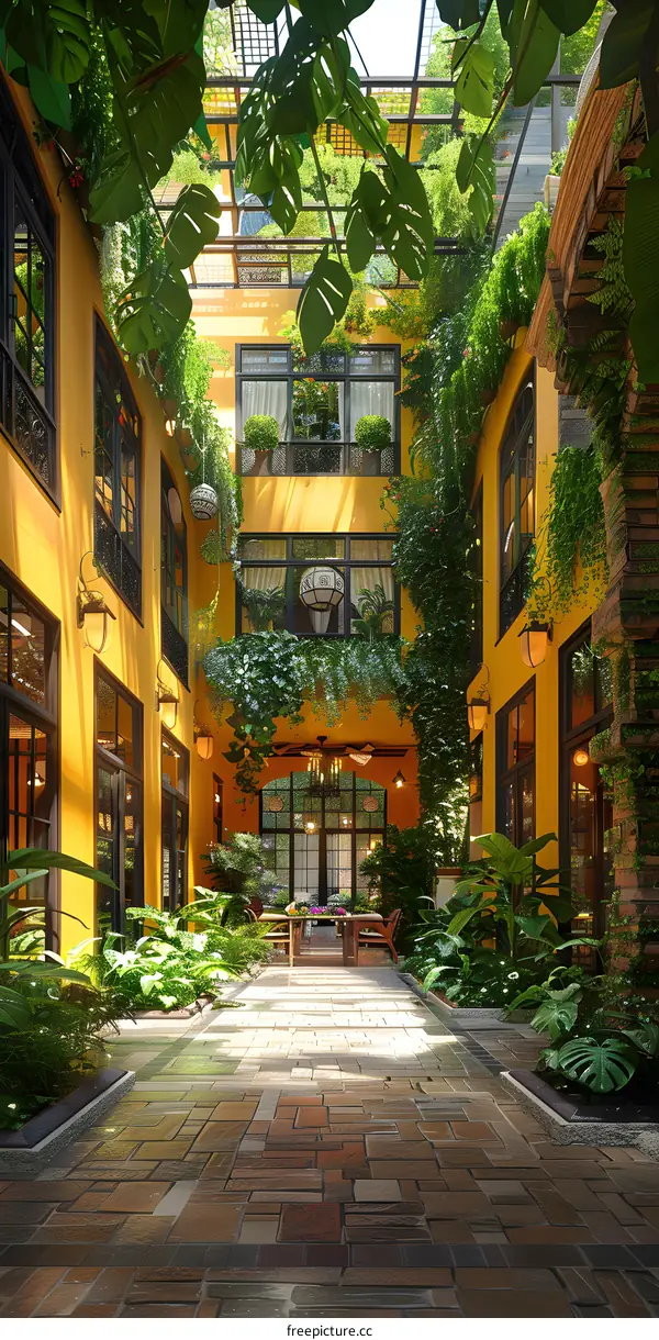 Courtyard with plants and a table in the center