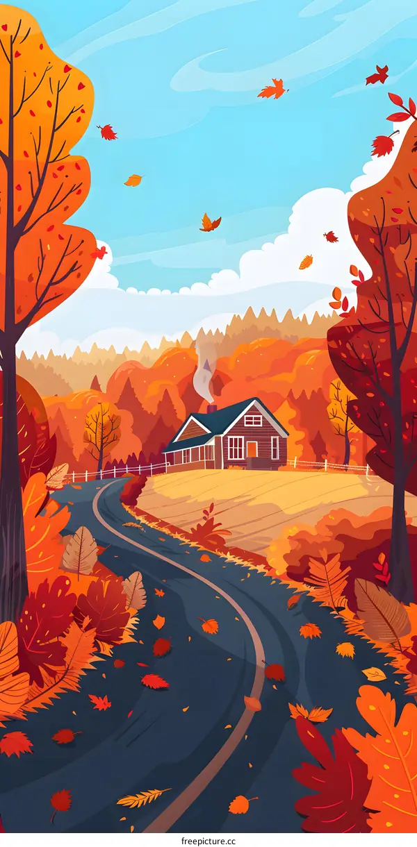 Autumn House with Winding Road and Falling Leaves