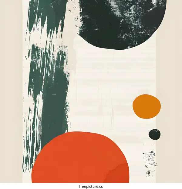 Abstract Art Print with Circles and Brush Strokes in Green and Orange