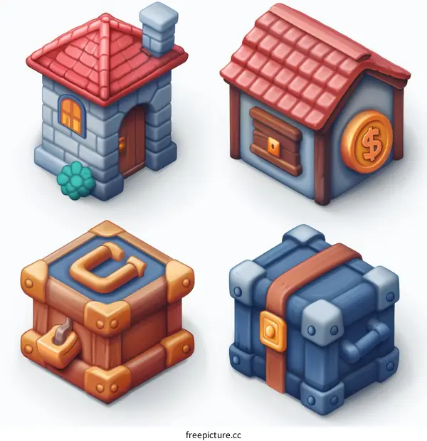 A set of four isometric fantasy buildings