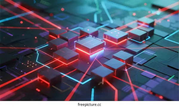 Circuit Board with Red and Blue Light Streams in Modern Design