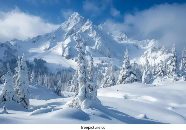 A beautiful winter landscape of snow-capped mountains and trees