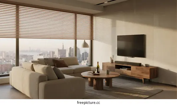 Modern living room with large windows and city view
