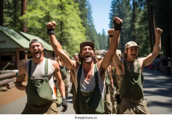 Three lumberjacks celebrate a successful day of logging in the forest