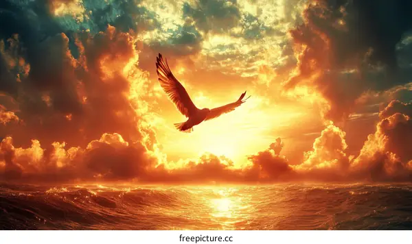 Majestic Sunset Sky with Bird in Flight