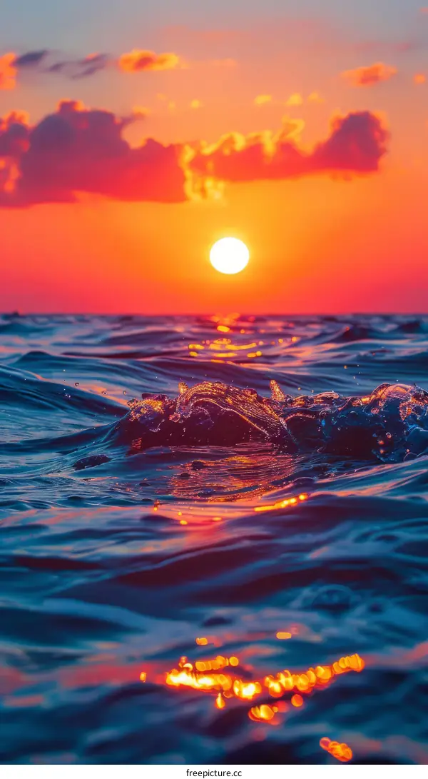 The setting sun casts a golden glow on the ocean waves