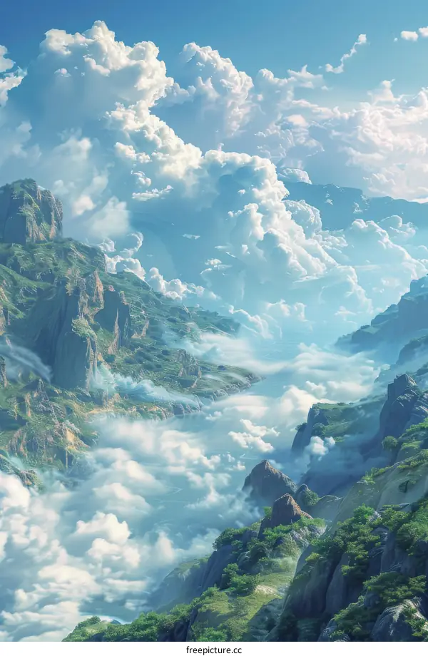 A Breathtaking Mountain Landscape with Fluffy Clouds