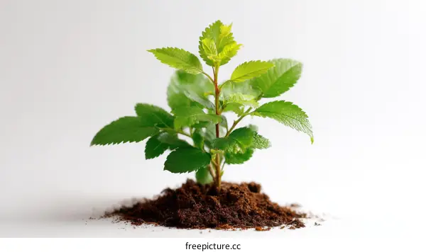 Young Plant Growing from Soil Against White Background