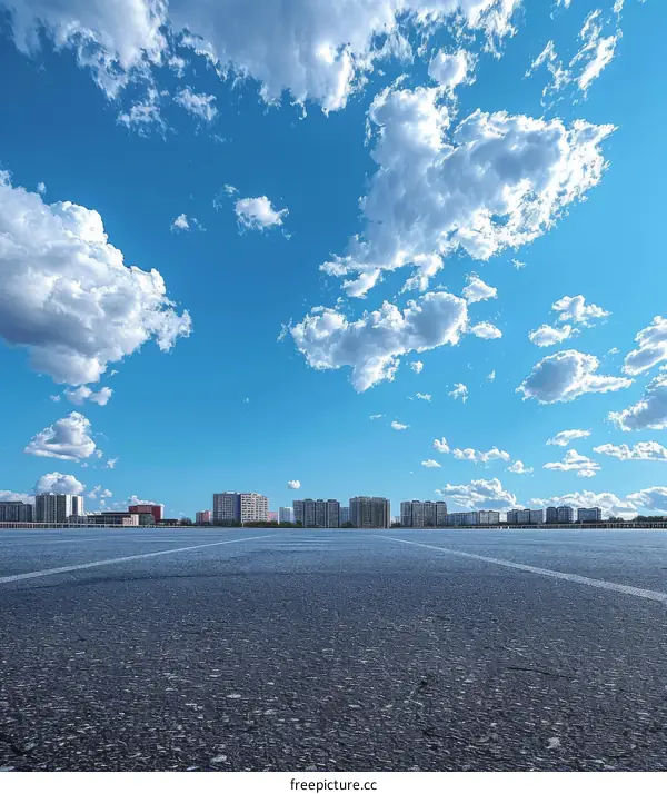 Empty Parking Lot with Cityscape and Blue Sky