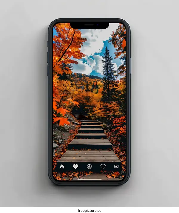 Autumn Forest Path with Stairs on a Phone Screen