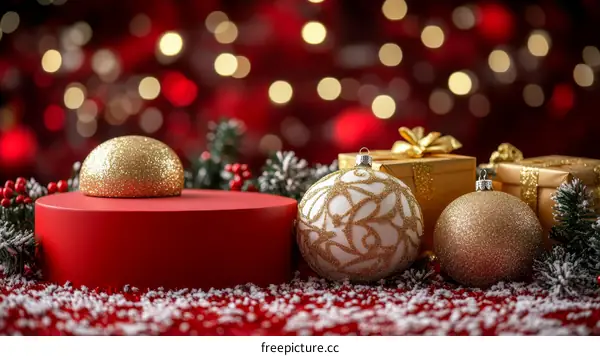 Christmas Decorations Display on Red Background