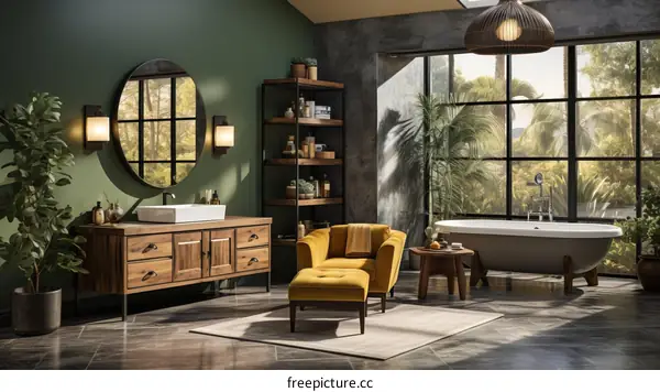 Luxurious Bathroom with Yellow Armchair and Green Wall