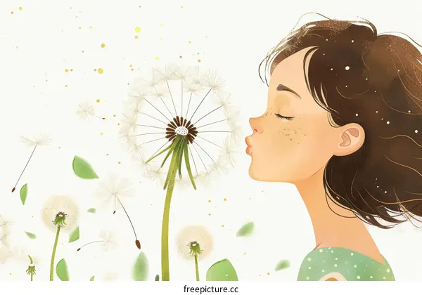 girl blowing dandelion illustration