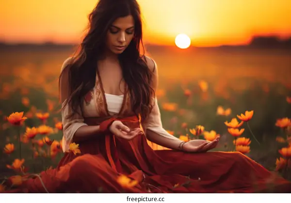 Woman in Red Dress at Sunset in a Field of Yellow Flowers
