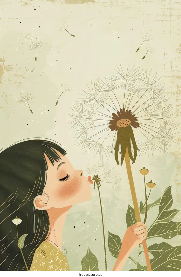 Little Girl Blowing Dandelion Seeds Illustration