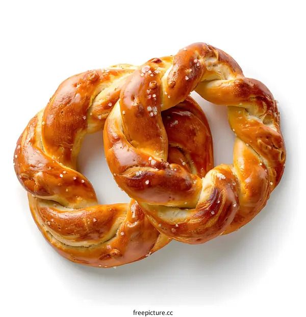 Two freshly baked pretzels with salt on a white background