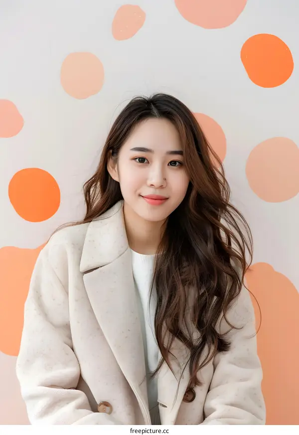 Portrait of a Young Asian Woman with a White Coat on a Polka Dot Background