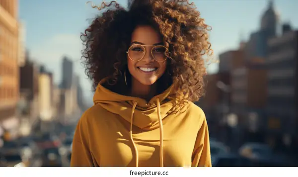Portrait of a young woman with curly hair wearing glasses and a yellow hoodie