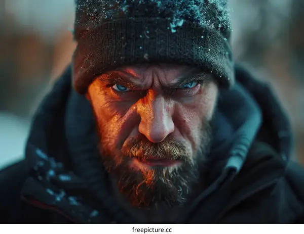 Close-up Portrait of a Determined Man in Winter