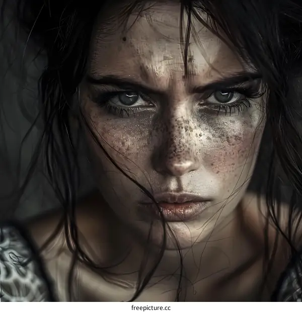 portrait of a young woman with freckles on her face