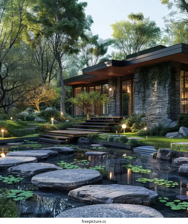 Modern Japanese Garden Design with House