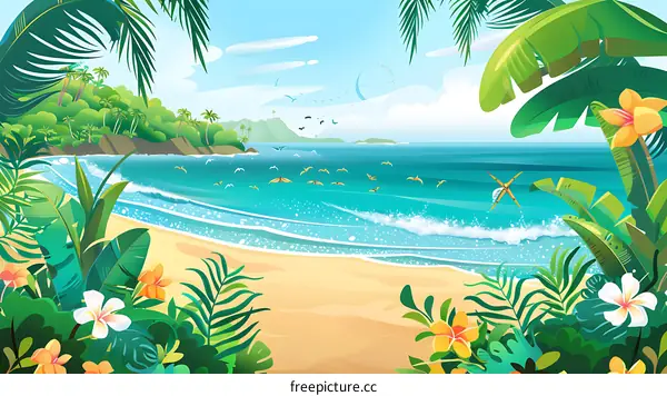 Tropical Beach Illustration with Lush Greenery and Birds