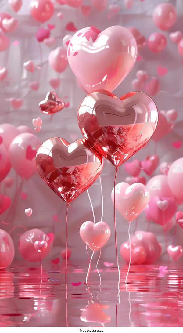Pink heart-shaped balloons floating above water surface