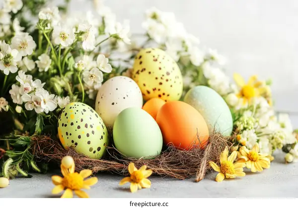 Colorful Easter Eggs in a Nest with Flowers