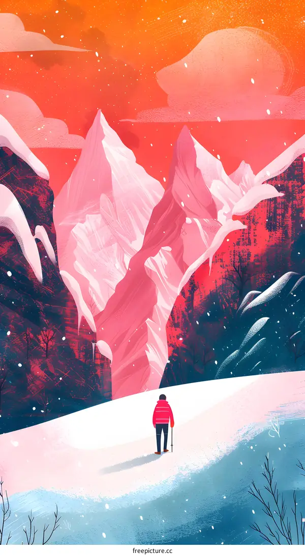 Man Standing Alone in Snowy Mountains with Red Sky