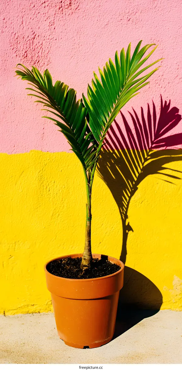 Palm Tree in a Pot with a Pink and Yellow Wall