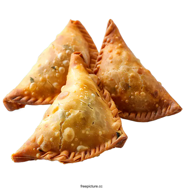 [Transparent Background PNG]Three fried samosas on white background