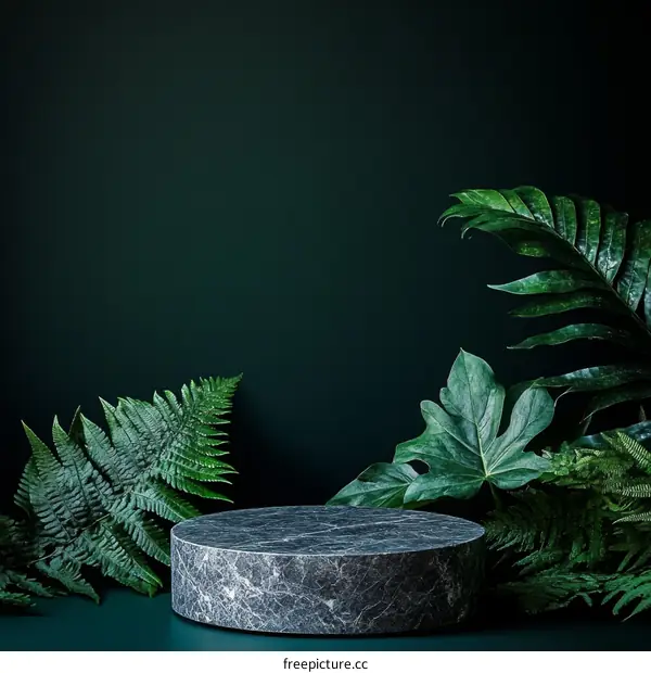Dark Green Background with Tropical Plants and Marble Platform