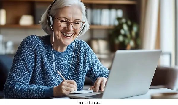 Elderly Woman Learning Online with Laptop