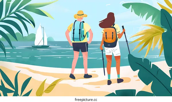 Couple Hiking on Beach with Sailboat in Background