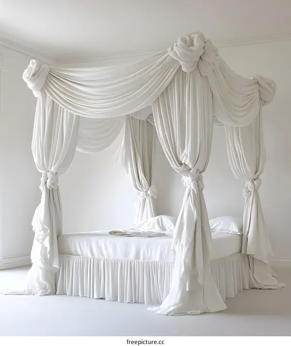 White Canopy Bed with Ruffled Drapes in a Minimalist Bedroom