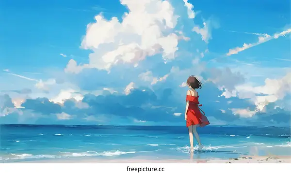 A Woman in Red Dress Standing on Beach with Cloudy Sky