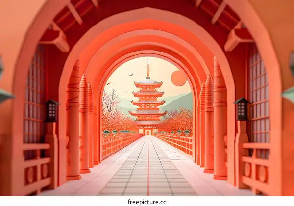 Japanese Style Pagoda Architecture Illustration With Red Archway