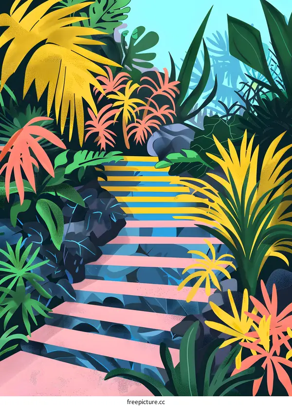 Colorful Tropical Jungle Stairway Illustration