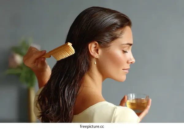 Woman with Wet Hair Combing Her Hair