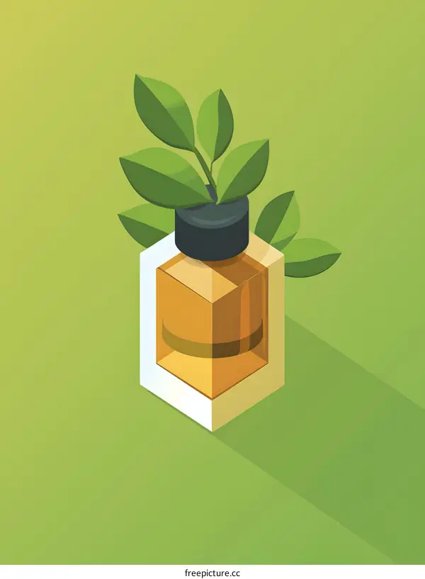 Illustration of a Bottle of Essential Oil with Green Leaves