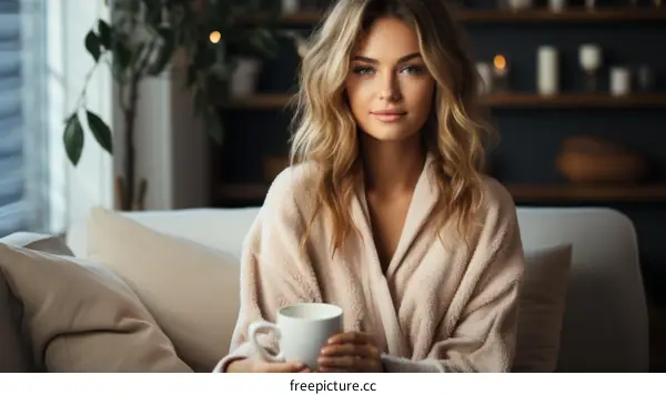 Beautiful young woman relaxing at home with a cup of coffee