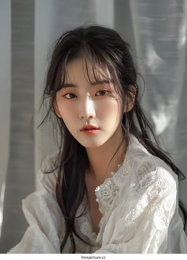 Asian Woman with Long Black Hair in a White Lace Blouse