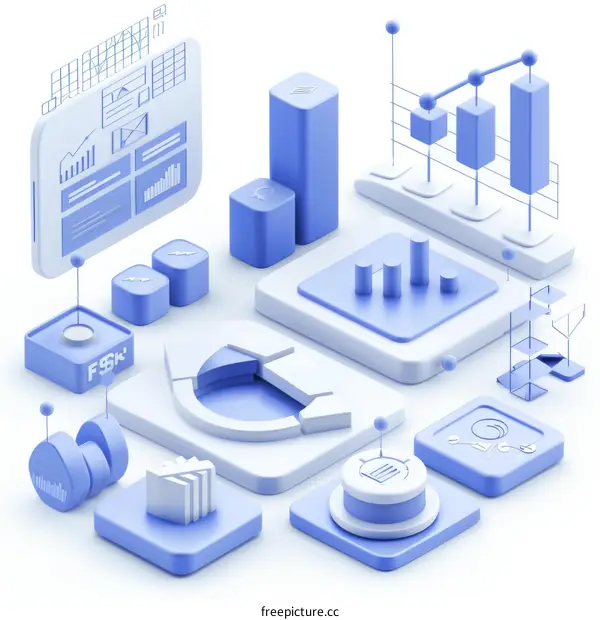 Blue and white 3D illustration of graphs and charts